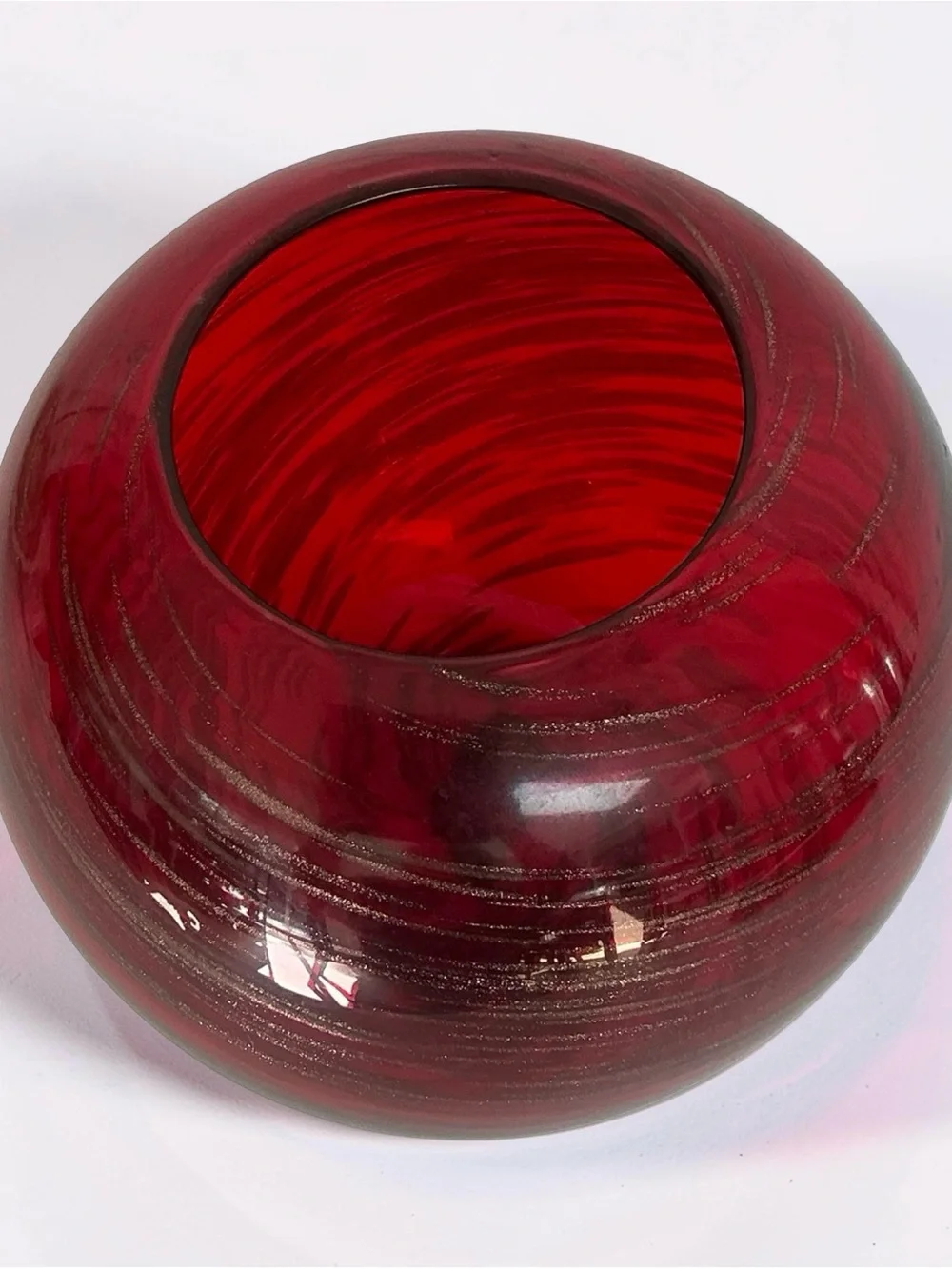 Red Glass Bubble Vase with Gold Swirl Hand Blown 6” Tall